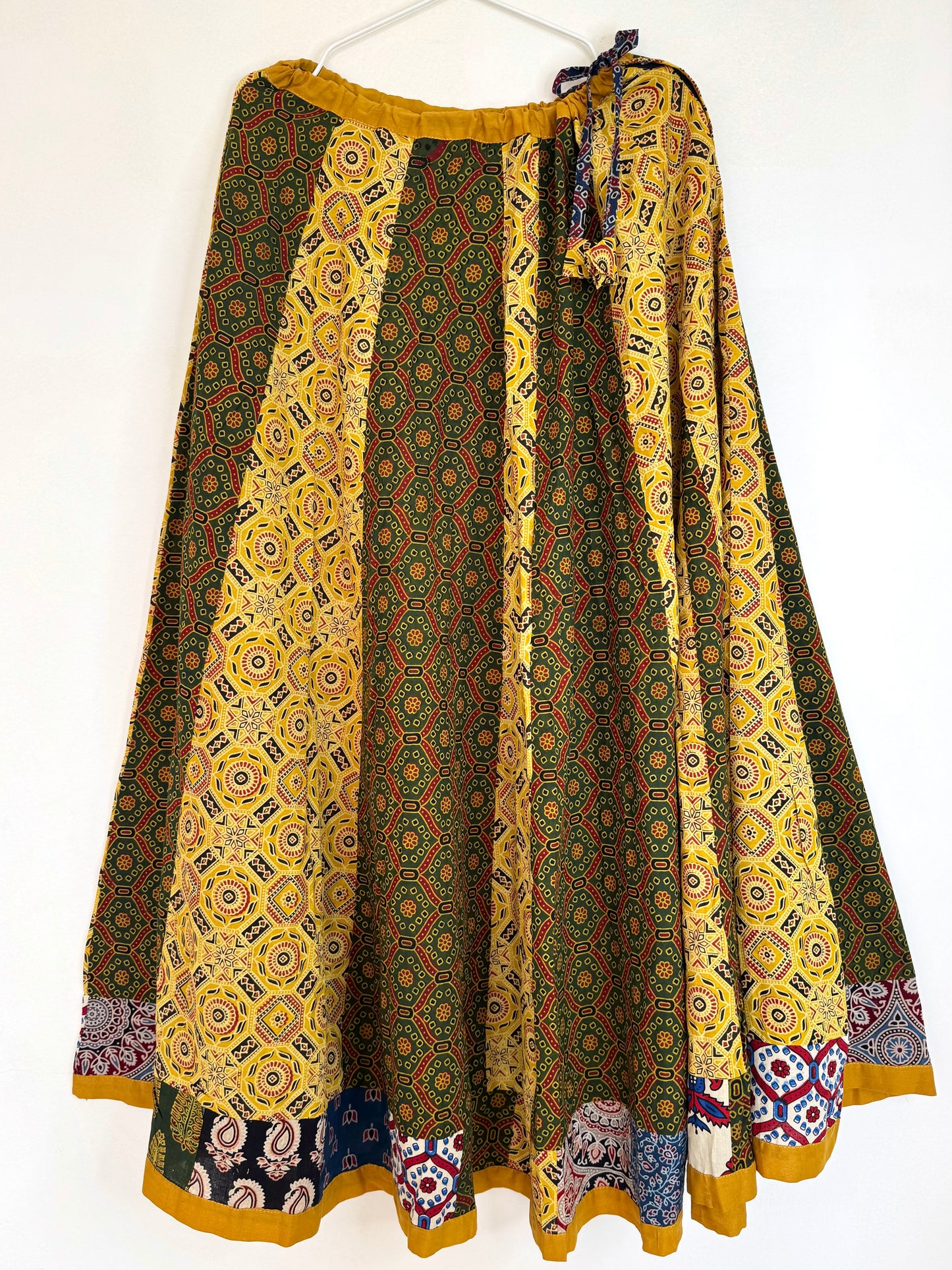 ✨Garba nu Ghoomie ~ Ajrakh Lehenga and Dupatta Set ~ Yellow Strips w/ Olive Green Dupatta