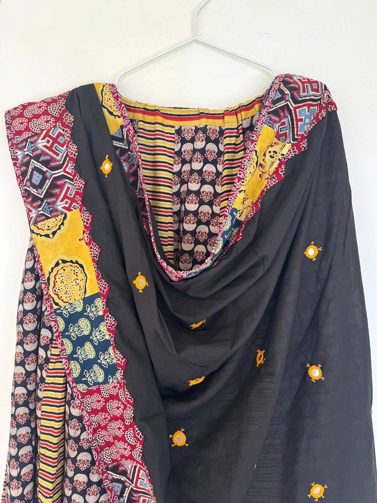 ✨Garba nu Ghoomie ~ Ajrakh Lehenga and Dupatta Set ~ Yellow Strips w/ Black Dupatta