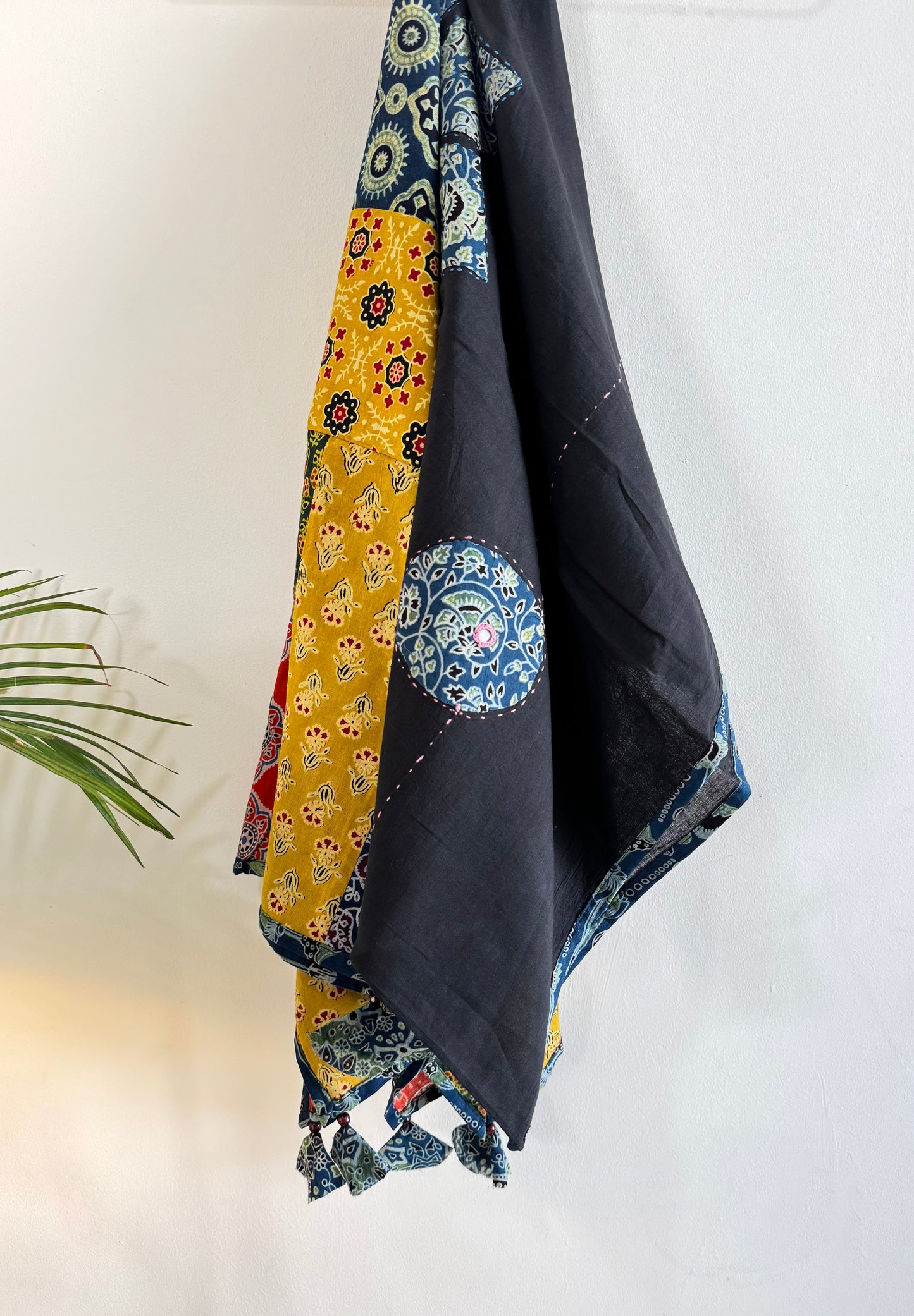 𓂃ོ⋆☀︎𓂃ᨒོ Ajrakh, Applique & Kantha Embroidered Dupatta ~ Black with Blue Crystals𑁍ࠬ