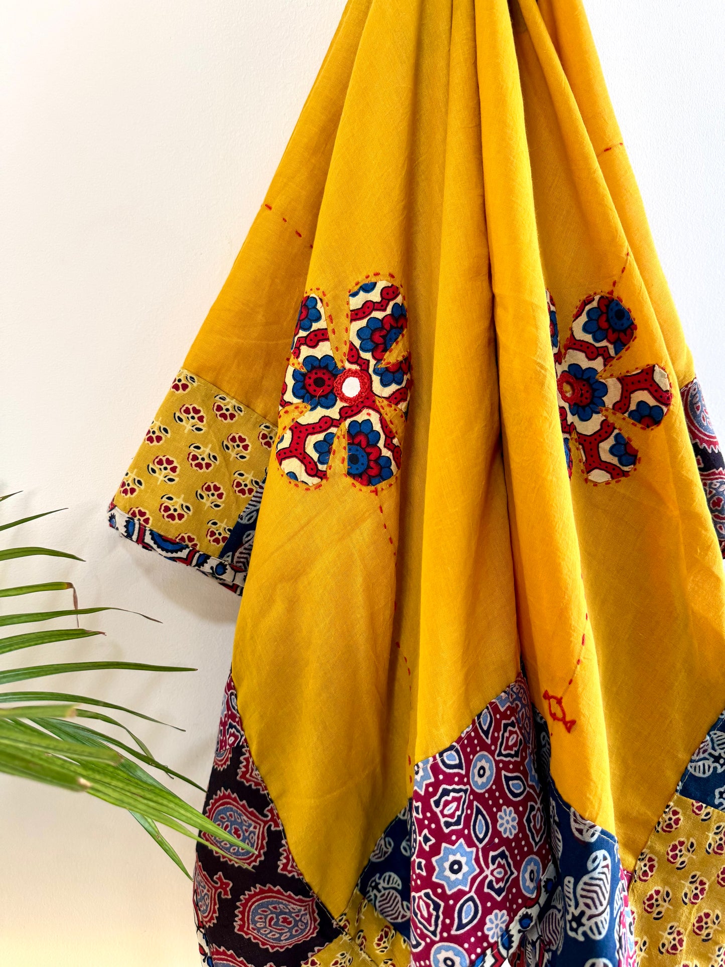 𓂃ོ⋆☀︎𓂃ᨒོ Ajrakh, Applique & Kantha Embroidered Dupatta ~ Amber Yellow 𑁍ࠬ