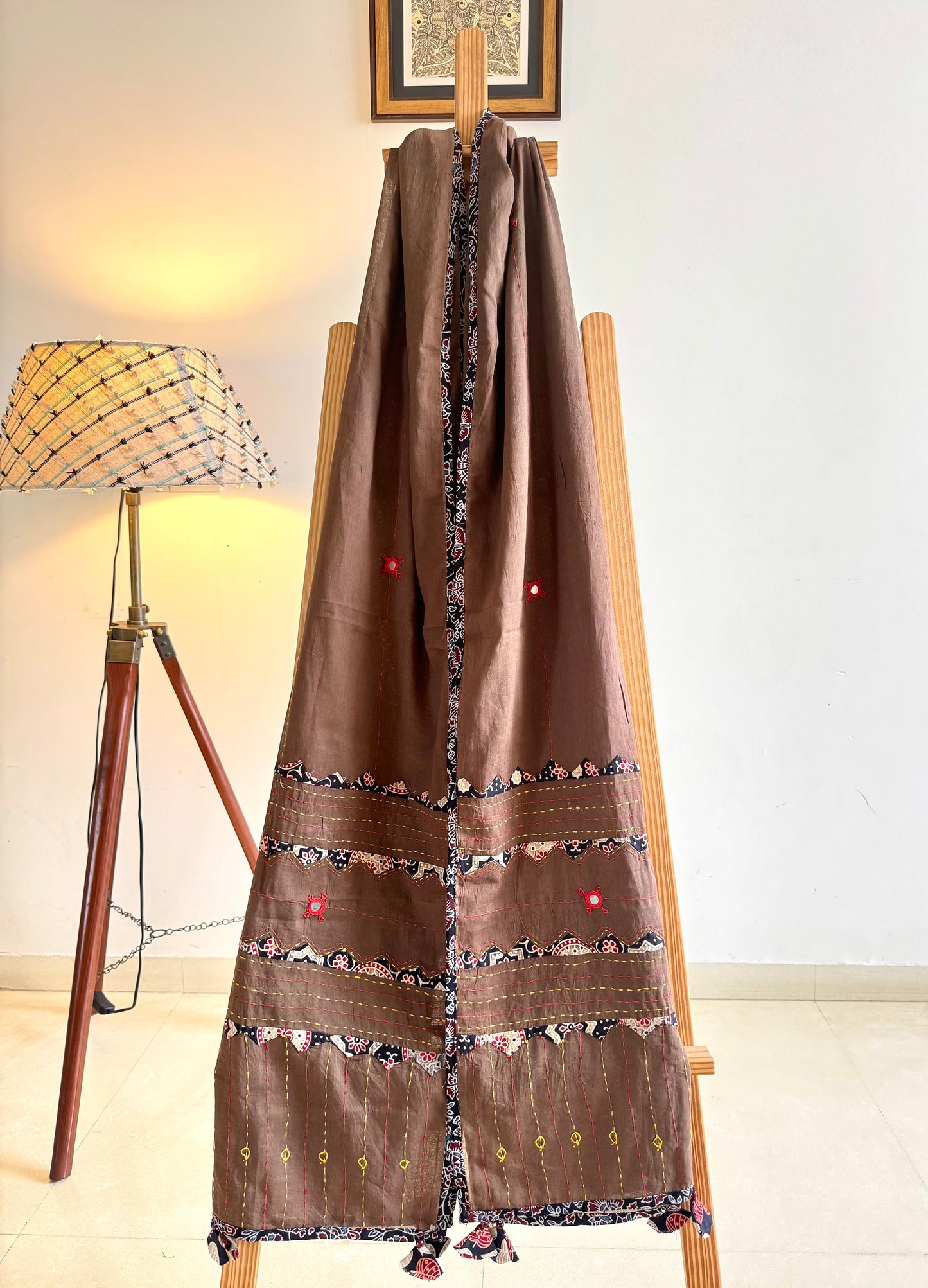 Ajrakh Applique & Kantha Embroidered Dupatta ~ Coffee Brown with Black Patchwork
