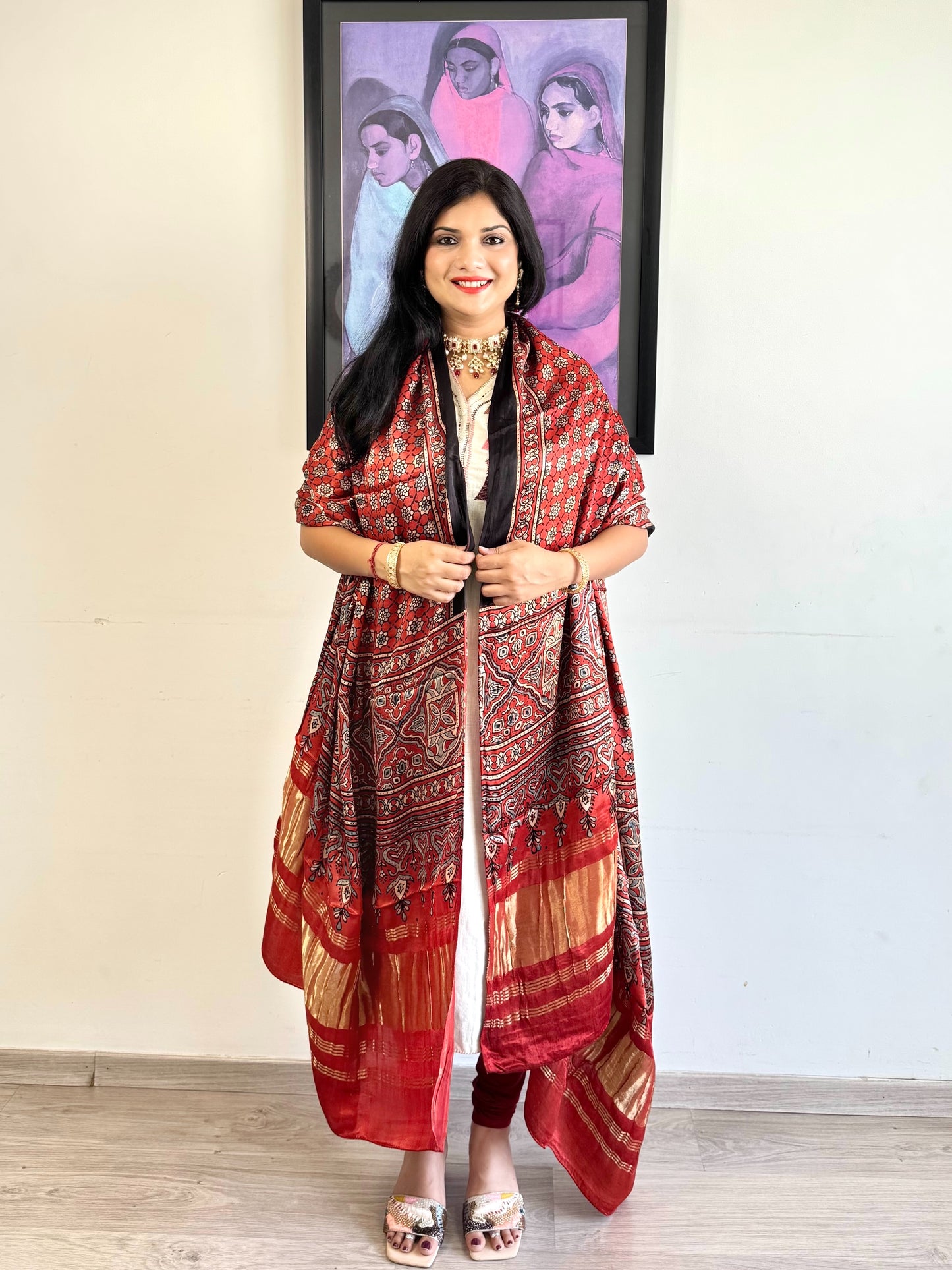 Modal Silk Ajrakh Dupatta ~ Brick Red Jharokha Motif w/ Zari