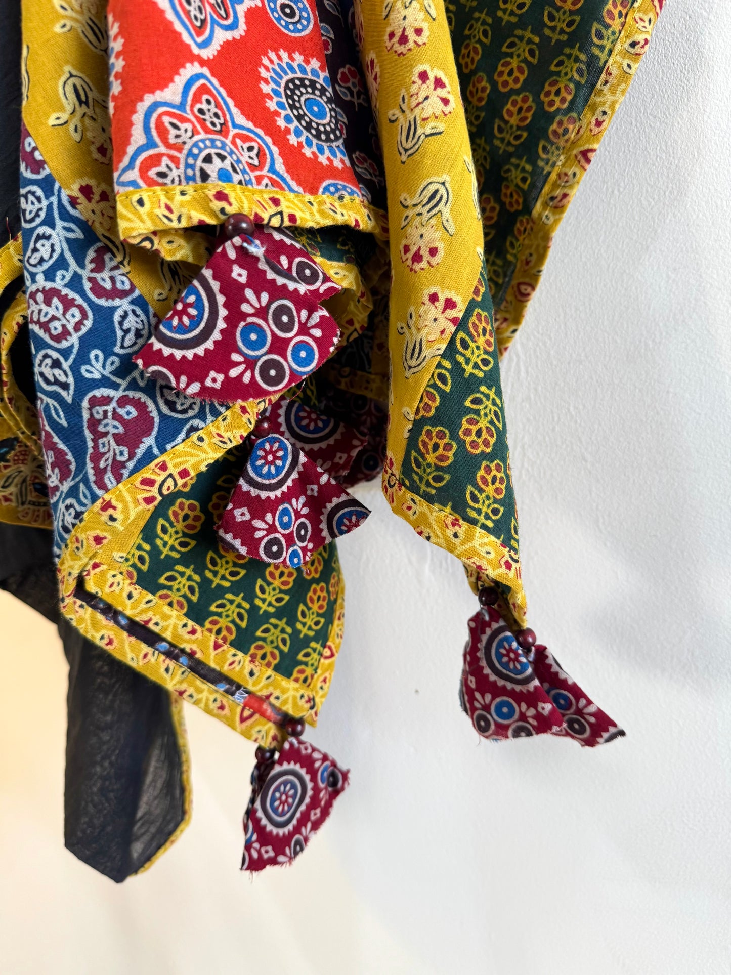 𓂃ོ⋆☀︎𓂃ᨒོ Ajrakh, Applique & Kantha Embroidered Dupatta ~ Jet Black & Yellow 𑁍ࠬ