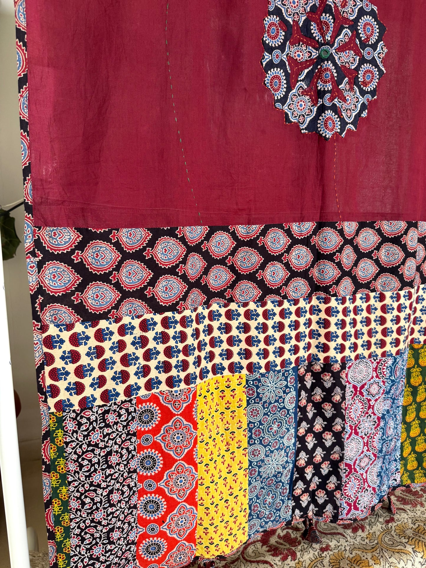 𓂃ོ⋆☀︎𓂃ᨒོ Ajrakh, Applique & Kantha Embroidered Dupatta ~ Burgundy Red w/ Black Flowers 𑁍ࠬ