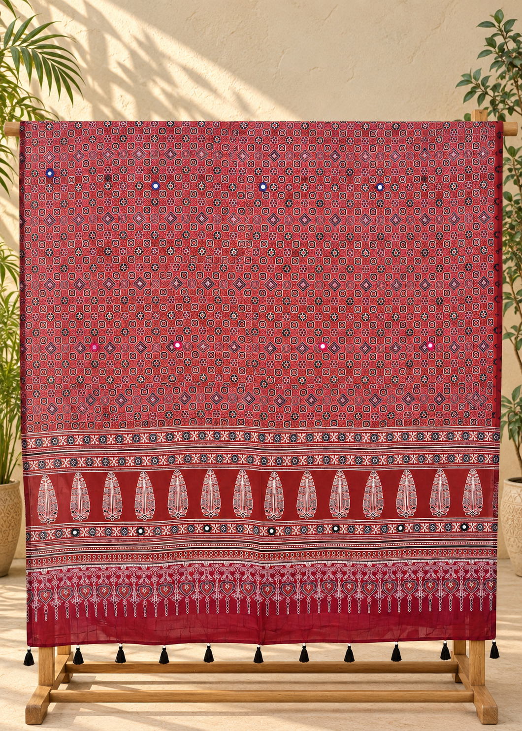 Rangrez🔅Ajrakh Mulmul Cotton Dupattas with Embroidery ~ Orangish Red