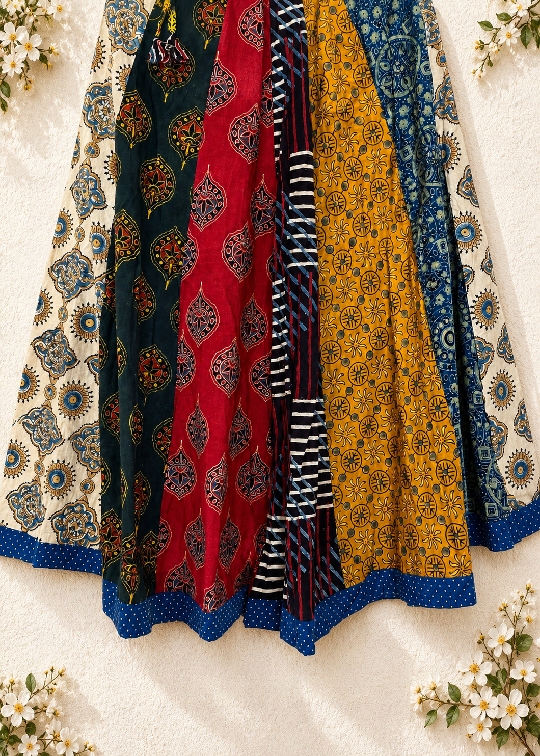 🌻Navrang ~ Ajrakh Long Skirt ~ Multicolor w/ Mosaic Motifs