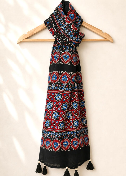 Raahi🌻Ajrakh Cotton Stoles ~ black and metallic blue w/ motifs