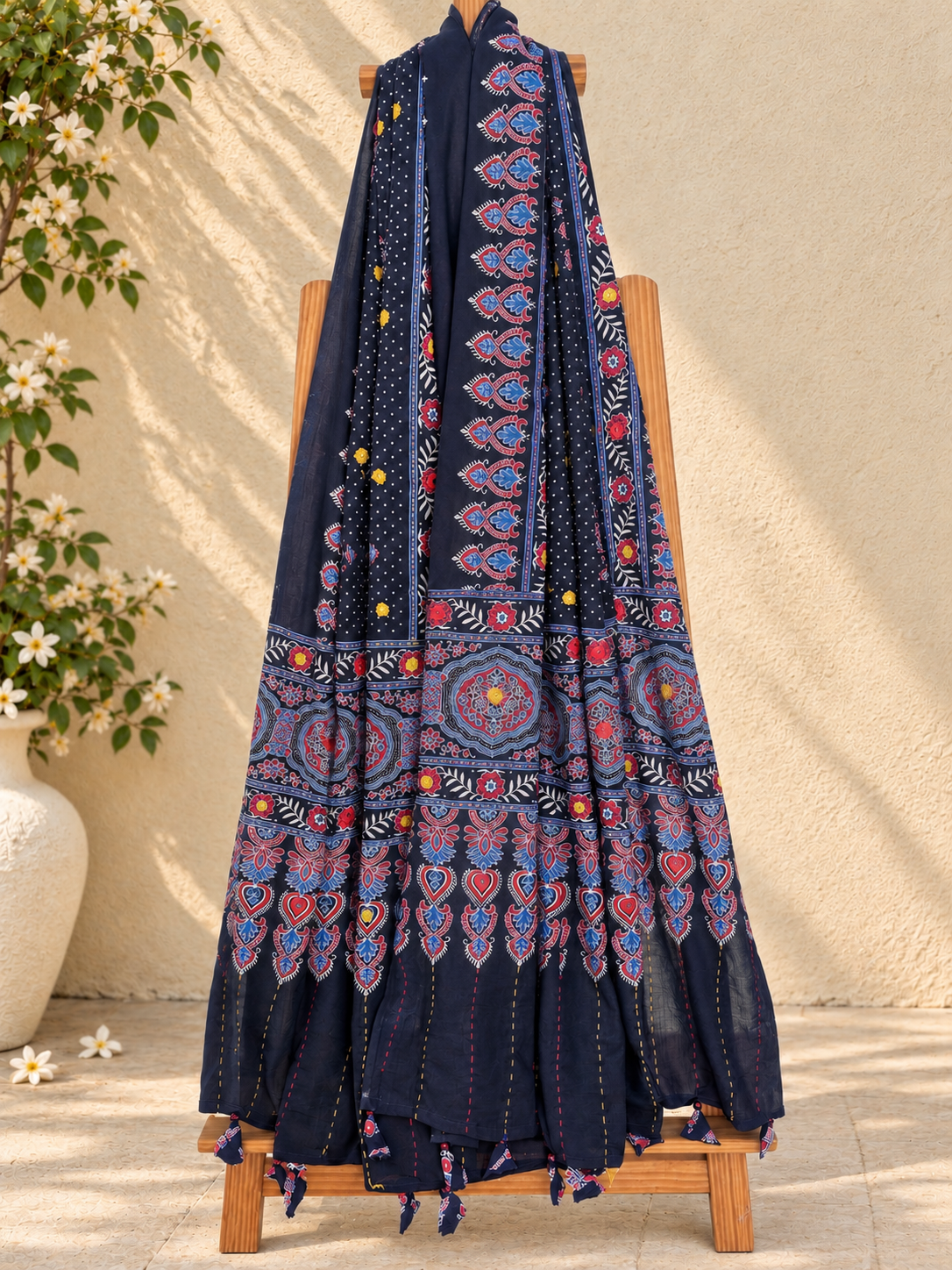 Rangrez🔅Ajrakh Mulmul Cotton Dupattas with Embroidery ~ Indigo Bloom