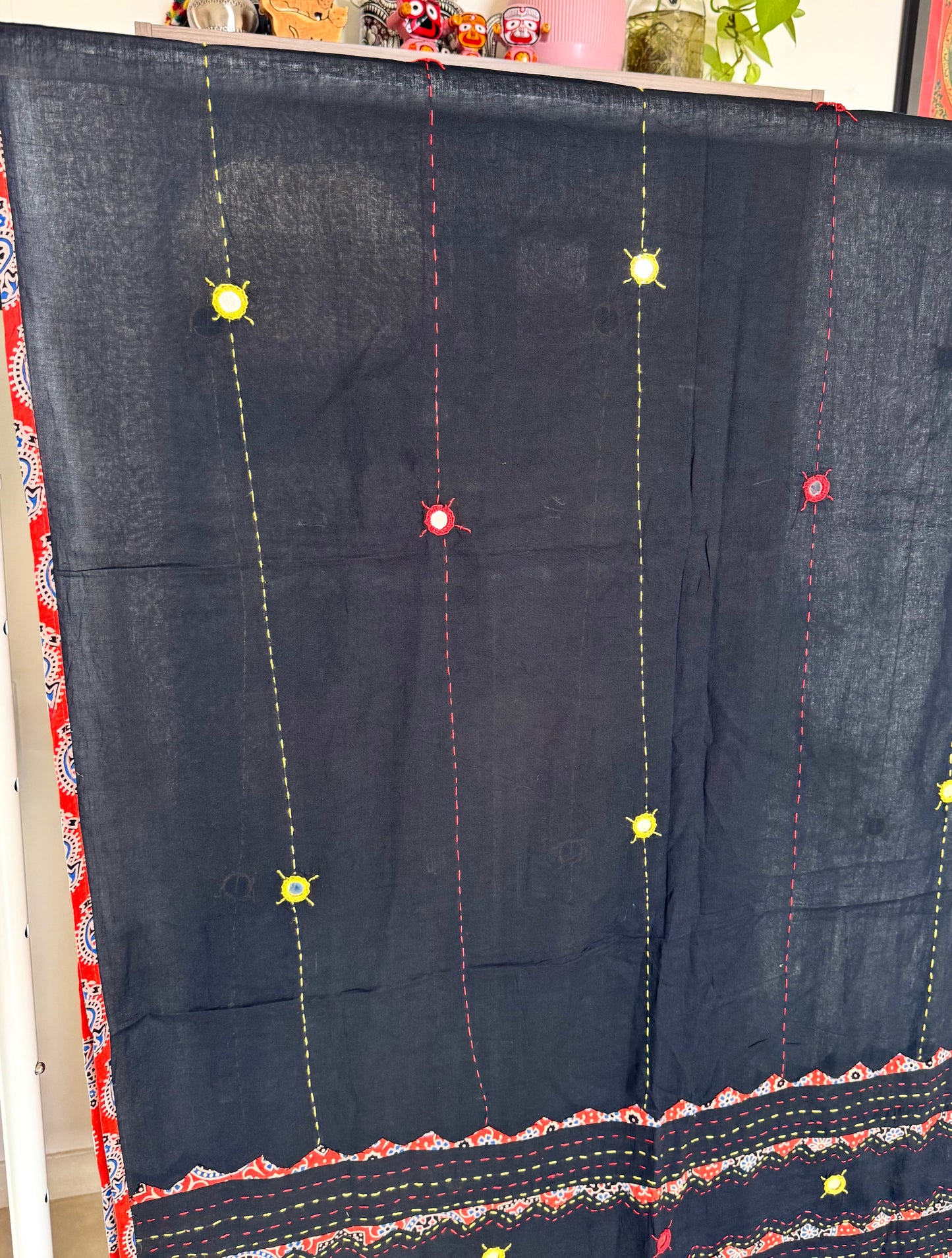 Ajrakh Applique & Kantha Embroidered Dupatta ~ Black with Orange Kantha Work