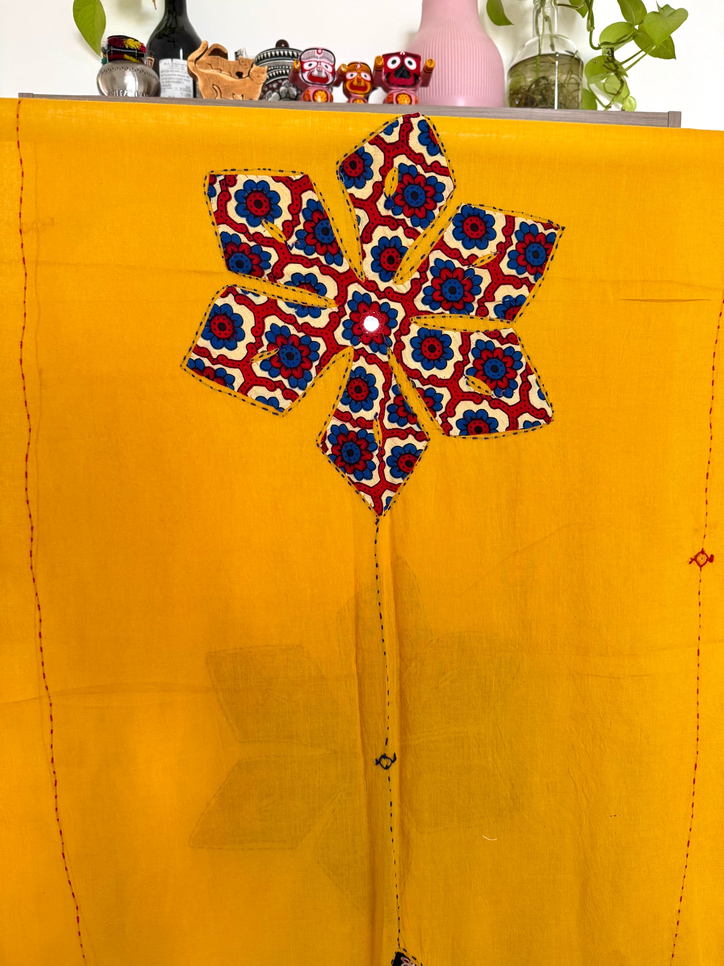 𓂃ོ⋆☀︎𓂃ᨒོ Ajrakh, Applique & Kantha Embroidered Dupatta ~ Amber Yellow 𑁍ࠬ