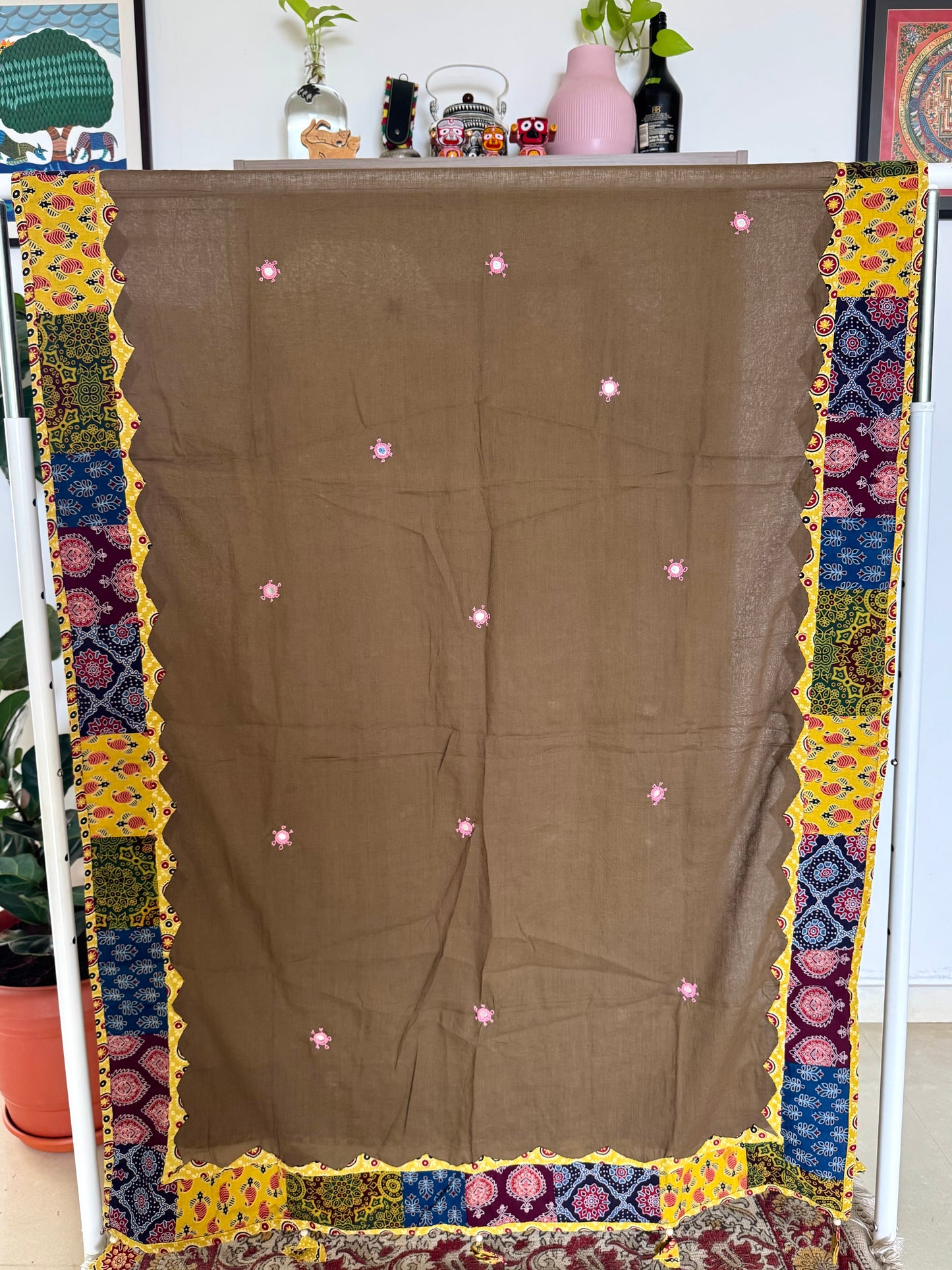 Ajrakh Applique & Kantha Embroidered Dupatta ~ Coco Brown w/ Yellow