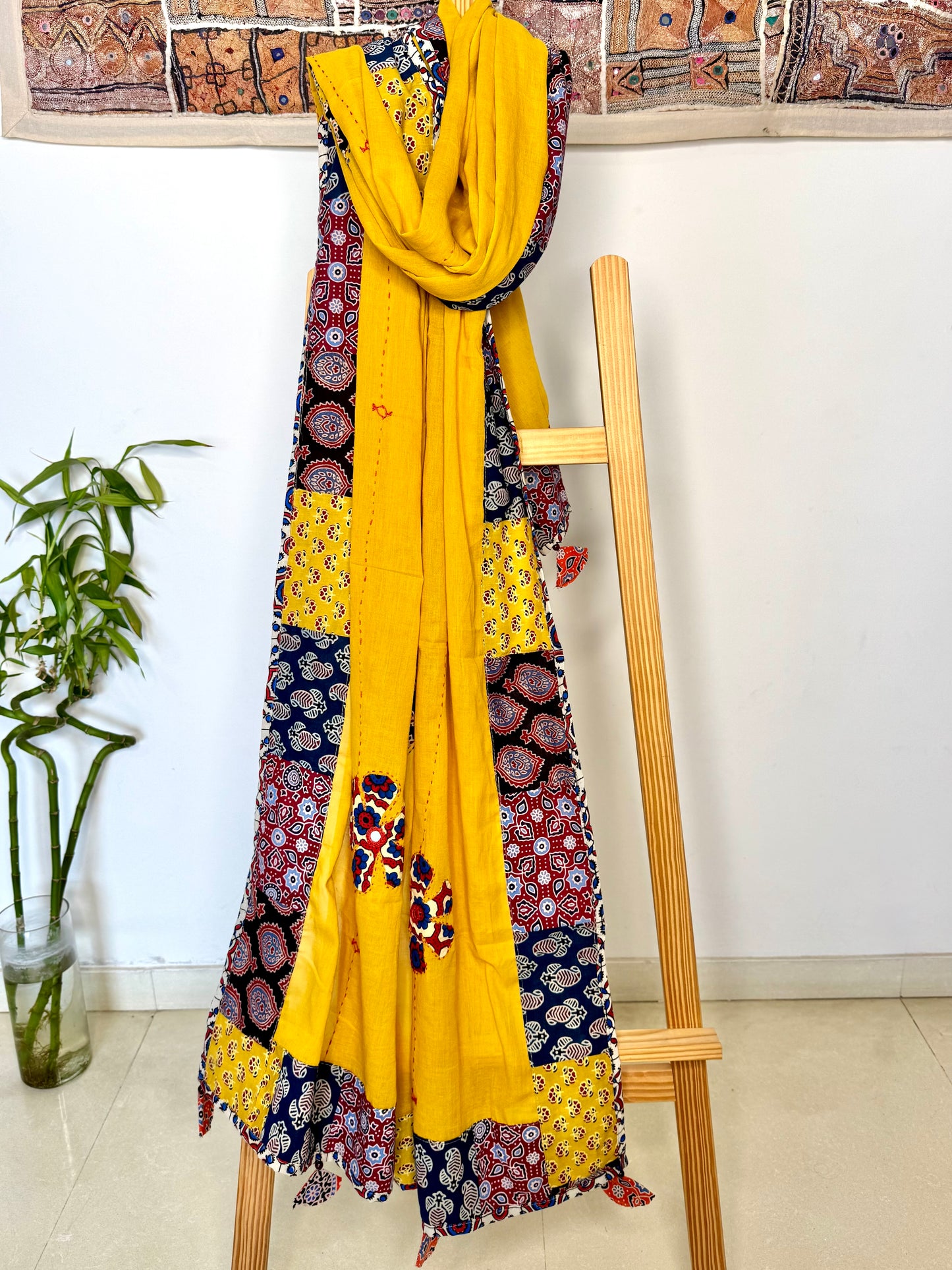 𓂃ོ⋆☀︎𓂃ᨒོ Ajrakh, Applique & Kantha Embroidered Dupatta ~ Amber Yellow 𑁍ࠬ