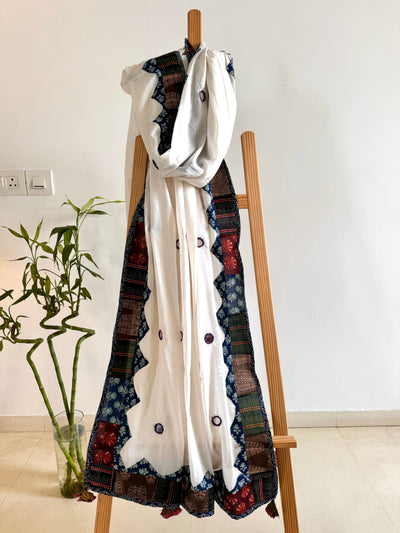 Ajrakh Applique & Kantha Embroidered Dupatta ~ White with Purple Mirrors