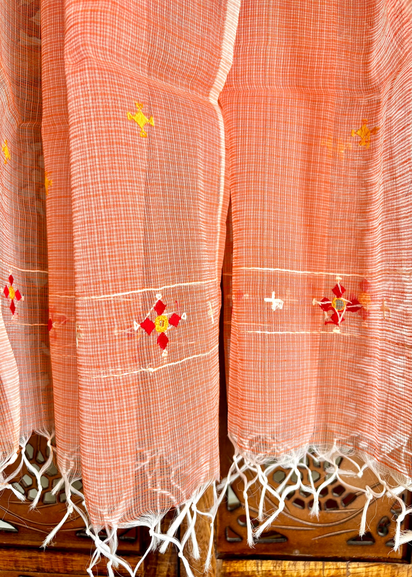 Kota Doria Hand Embroidered Dupatta ~ Peach w/ red flowers