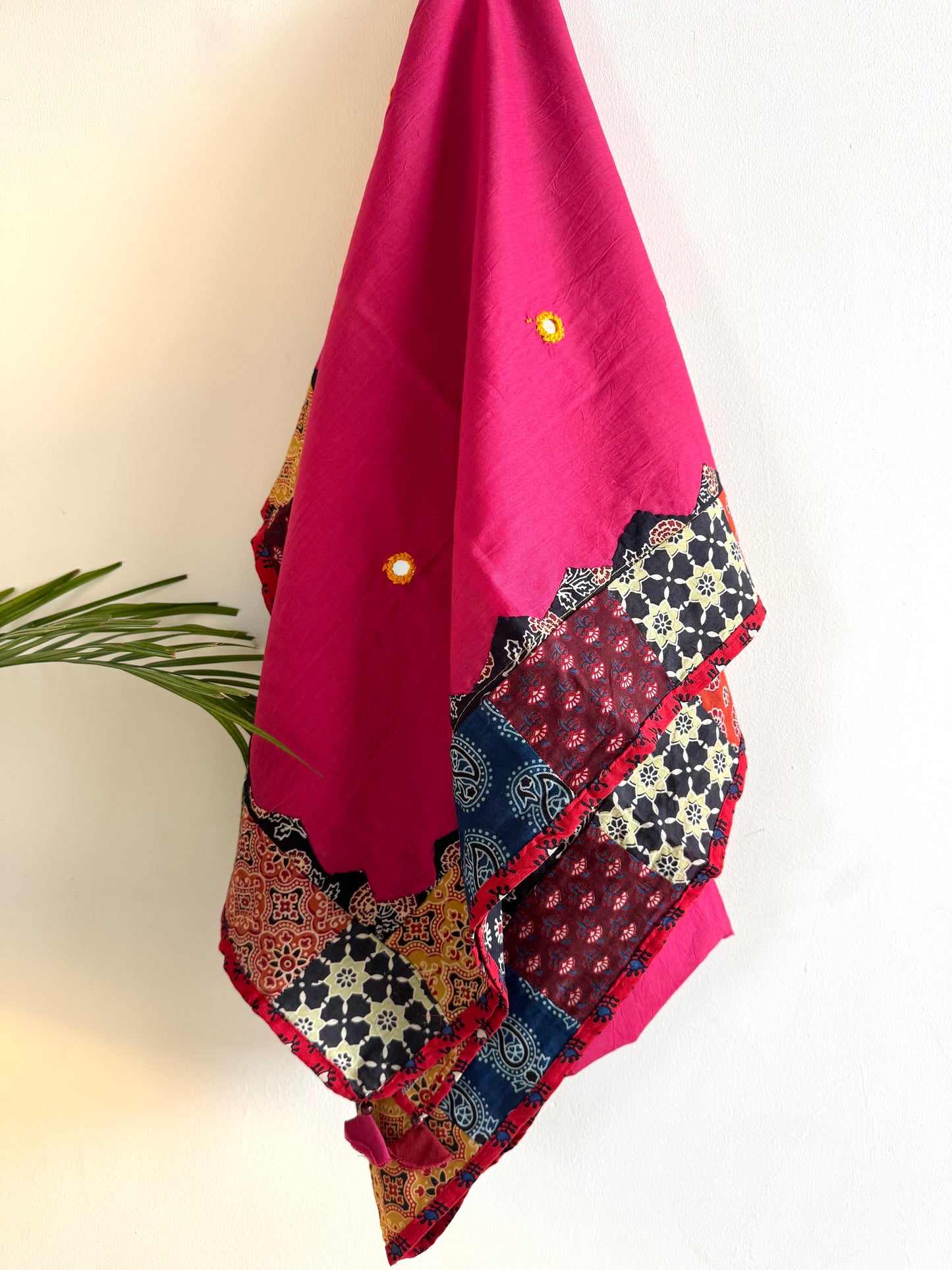 Ajrakh Applique & Kantha Embroidered Dupatta ~ Bright Pink