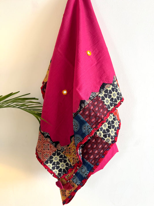 Ajrakh Applique & Kantha Embroidered Dupatta ~ Bright Pink