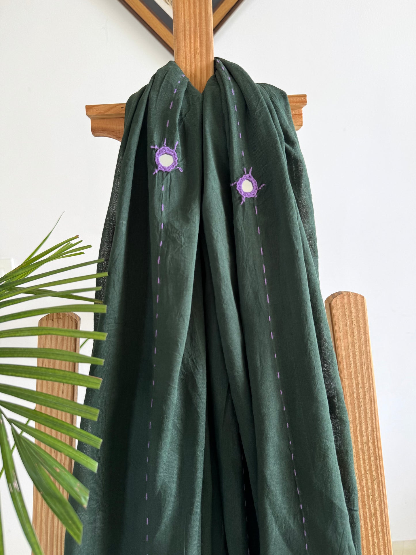 Ajrakh Applique & Kantha Embroidered Dupatta ~ Olive Green & Cream