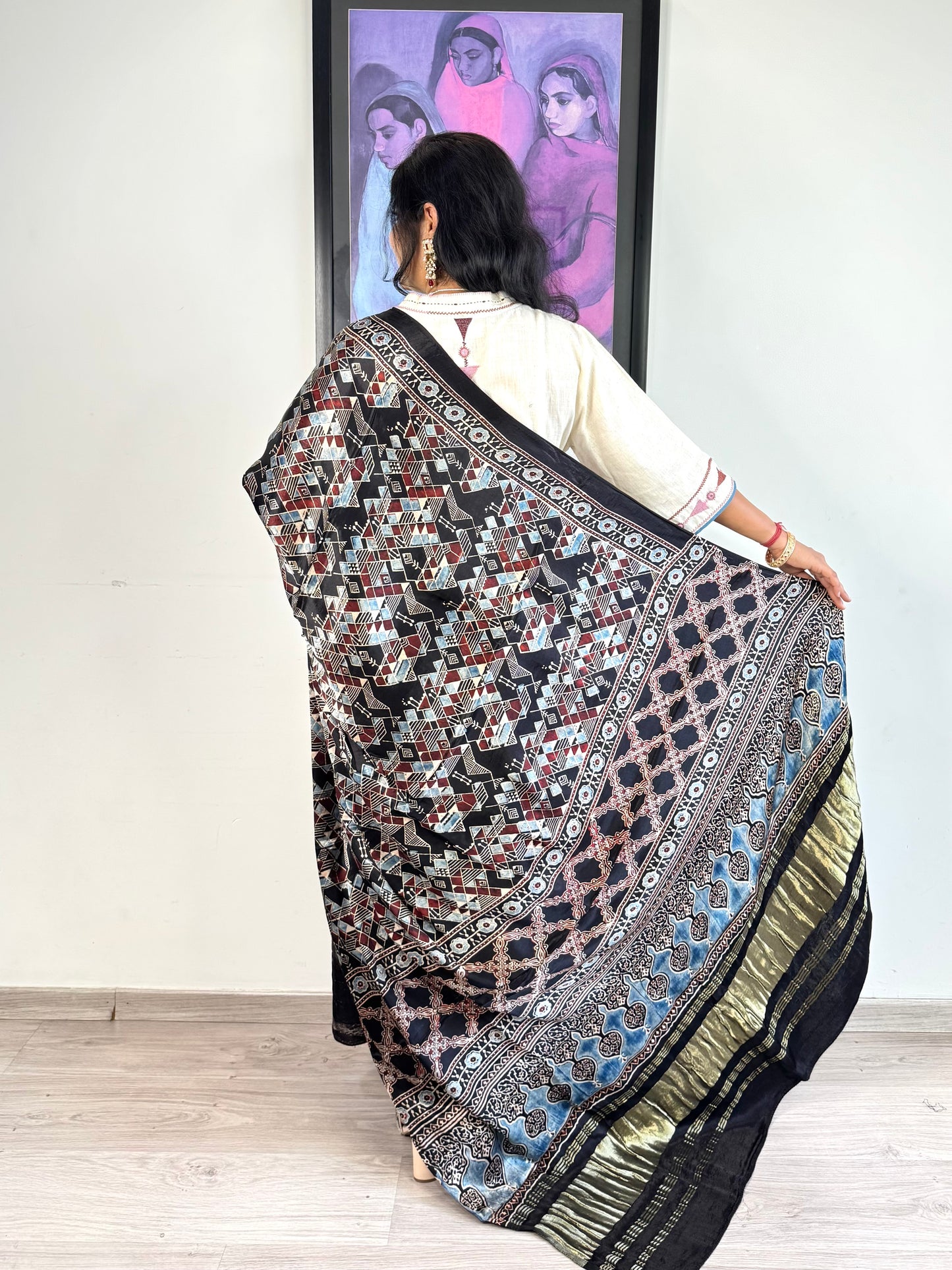 Modal Silk Ajrakh Dupatta ~ Black Worli Art Motif w/ Zari