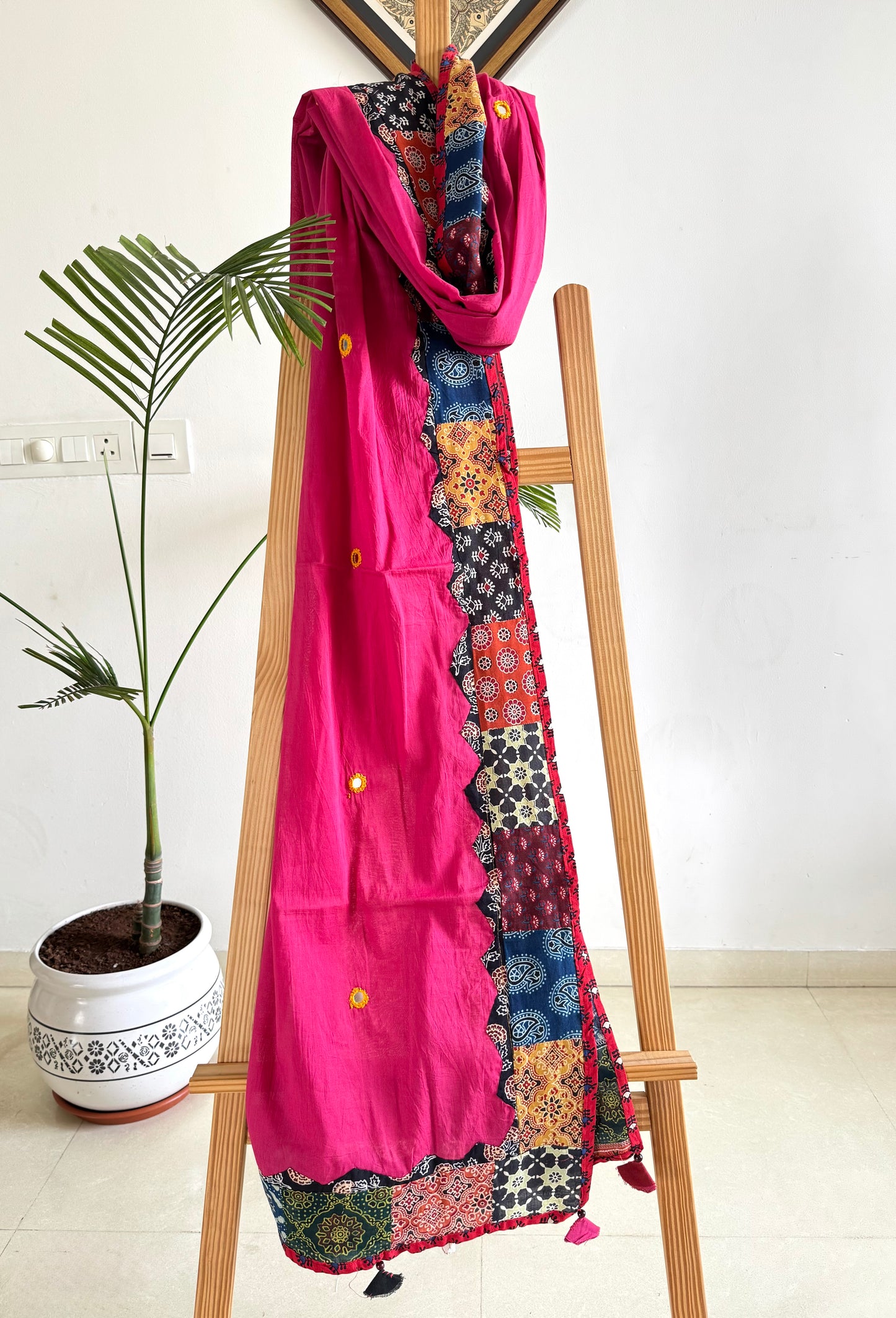 Ajrakh Applique & Kantha Embroidered Dupatta ~ Bright Pink