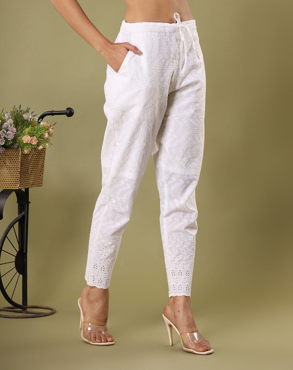 Ice White ~ Schiffli Embroidered Pant