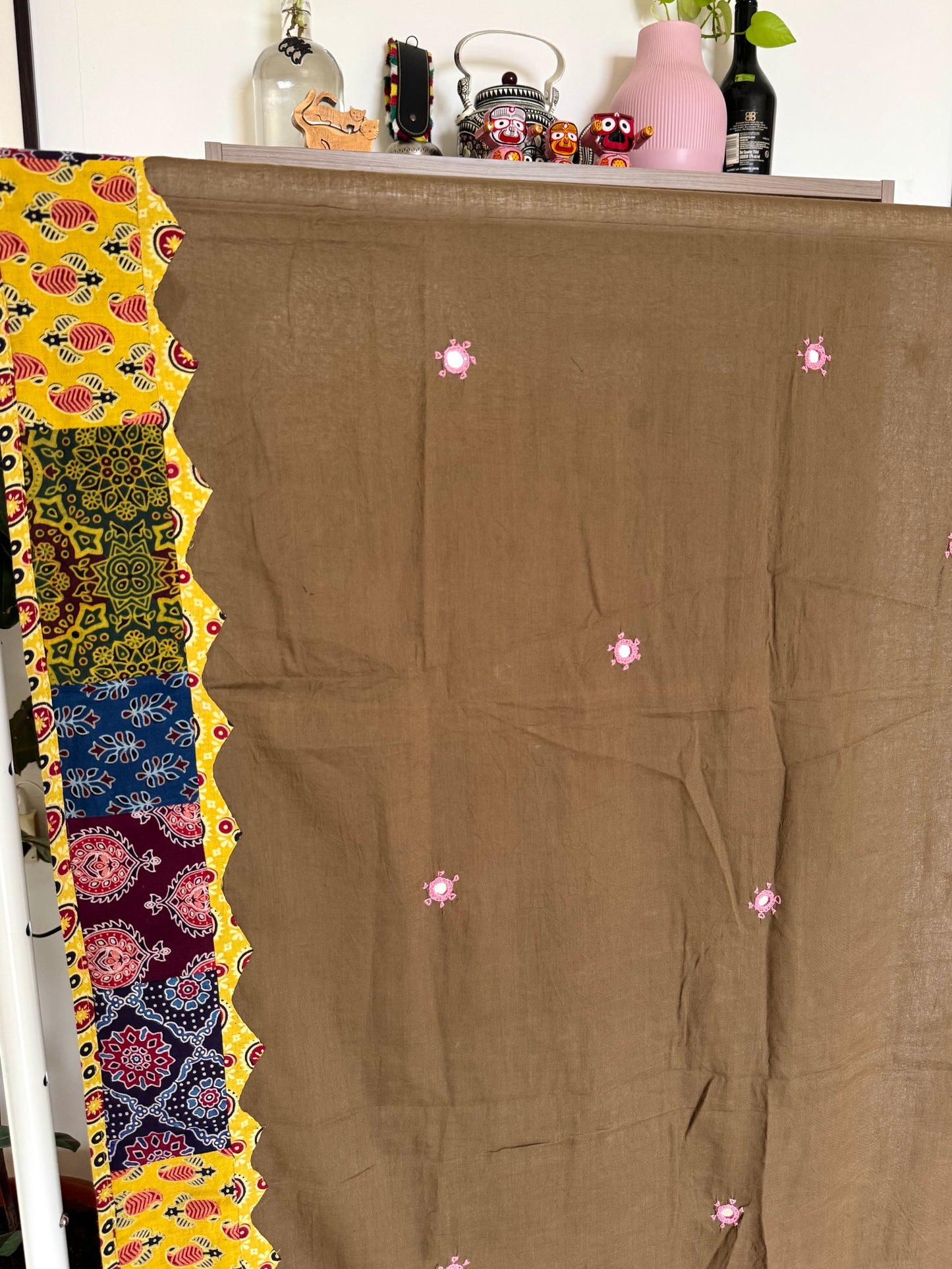 Ajrakh Applique & Kantha Embroidered Dupatta ~ Coco Brown w/ Yellow