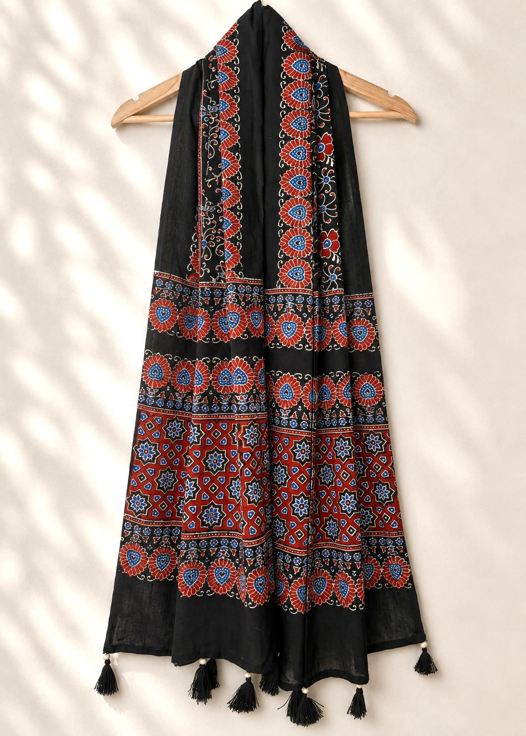 Raahi🌻Ajrakh Cotton Stoles ~ black and metallic blue w/ star motifs