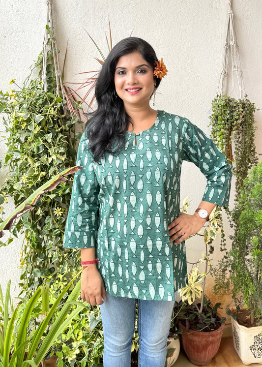 Fish ~ Turquoise Handblock Kurti