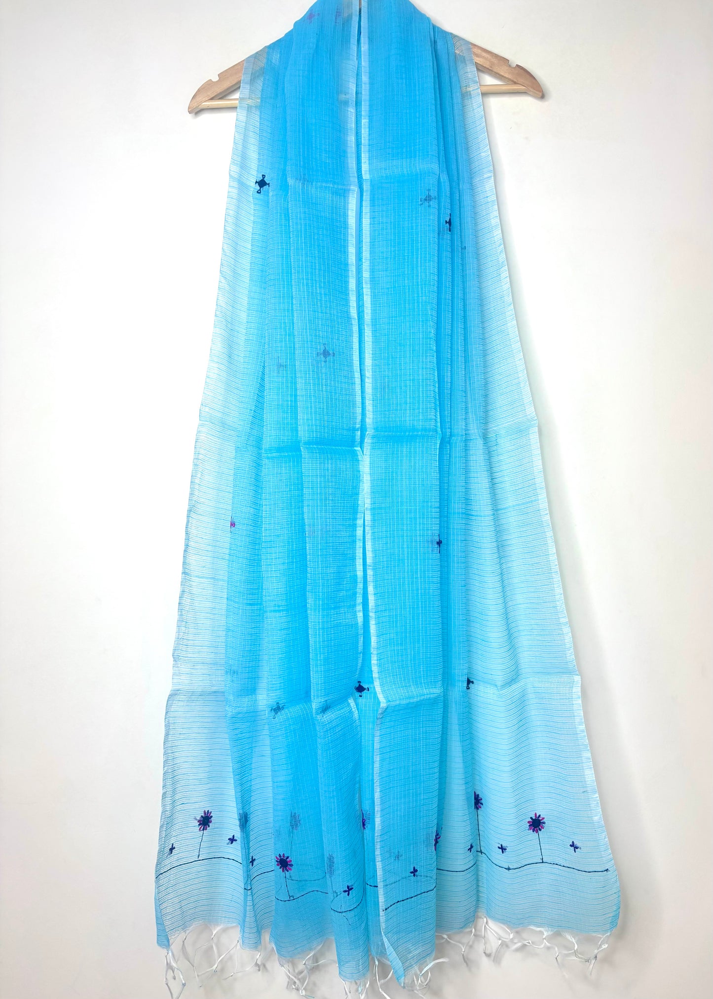 Kota Doria Hand Embroidered Dupatta ~ Aqua blue w/ pink flowers