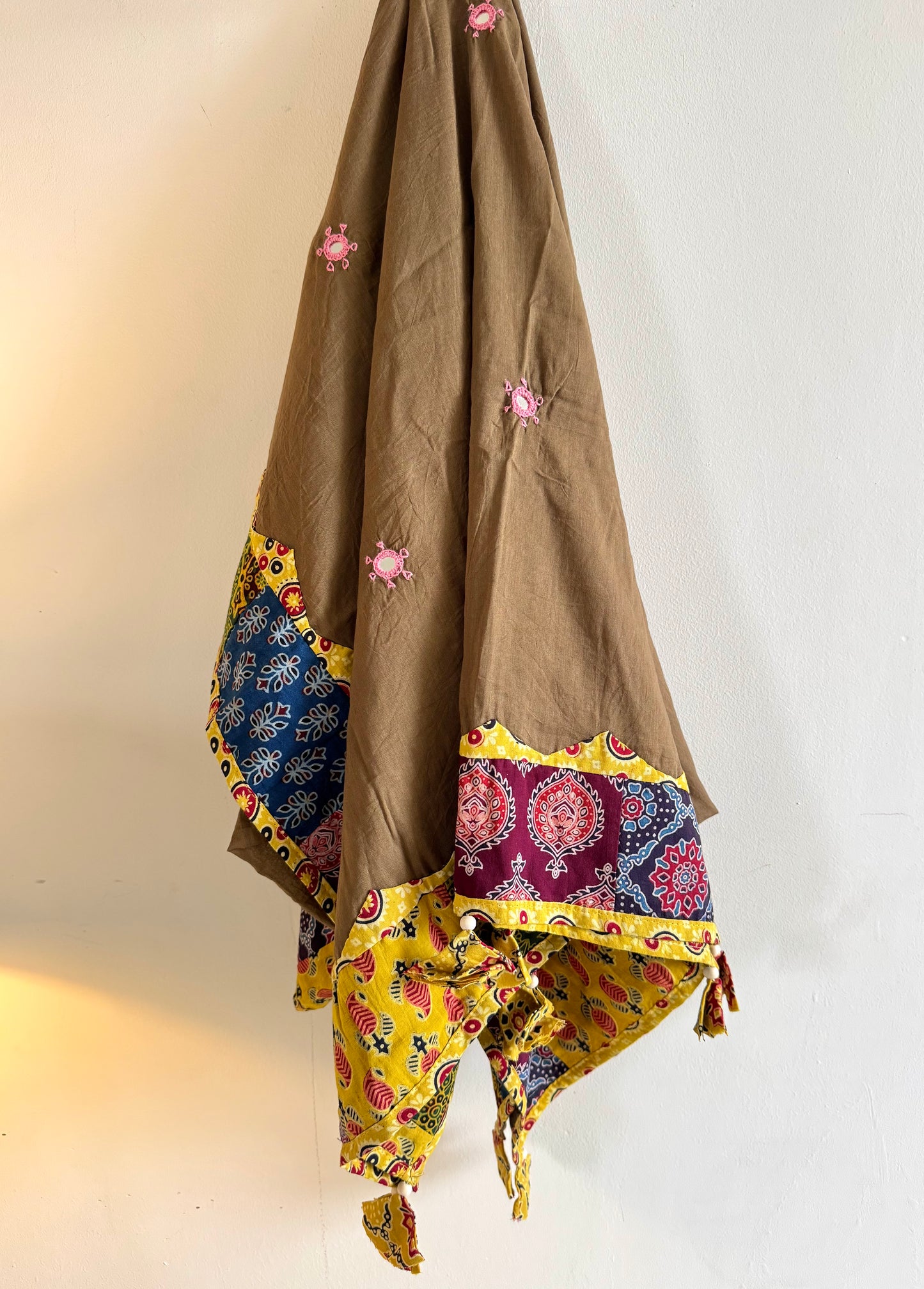 Ajrakh Applique & Kantha Embroidered Dupatta ~ Coco Brown w/ Yellow