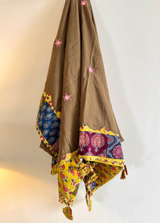 Ajrakh Applique & Kantha Embroidered Dupatta ~ Coco Brown w/ Yellow