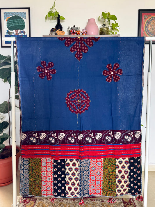 Ajrakh Applique & Kantha Embroidered Dupatta ~ Navy Blue with Burgundy Flowers