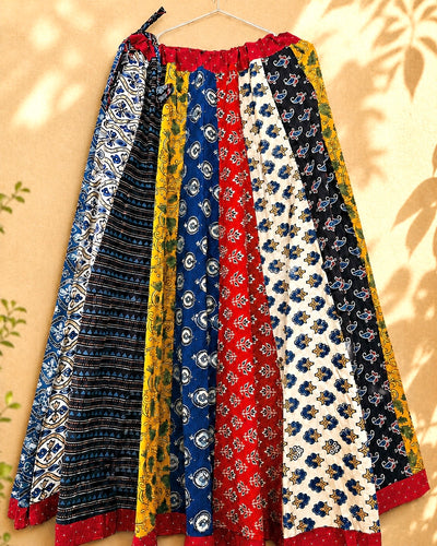 🌻Navrang ~ Ajrakh Long Skirt ~ Multicolor w/ red polka dots