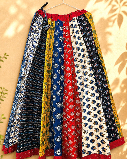 🌻Navrang ~ Ajrakh Long Skirt ~ Multicolor w/ red polka dots