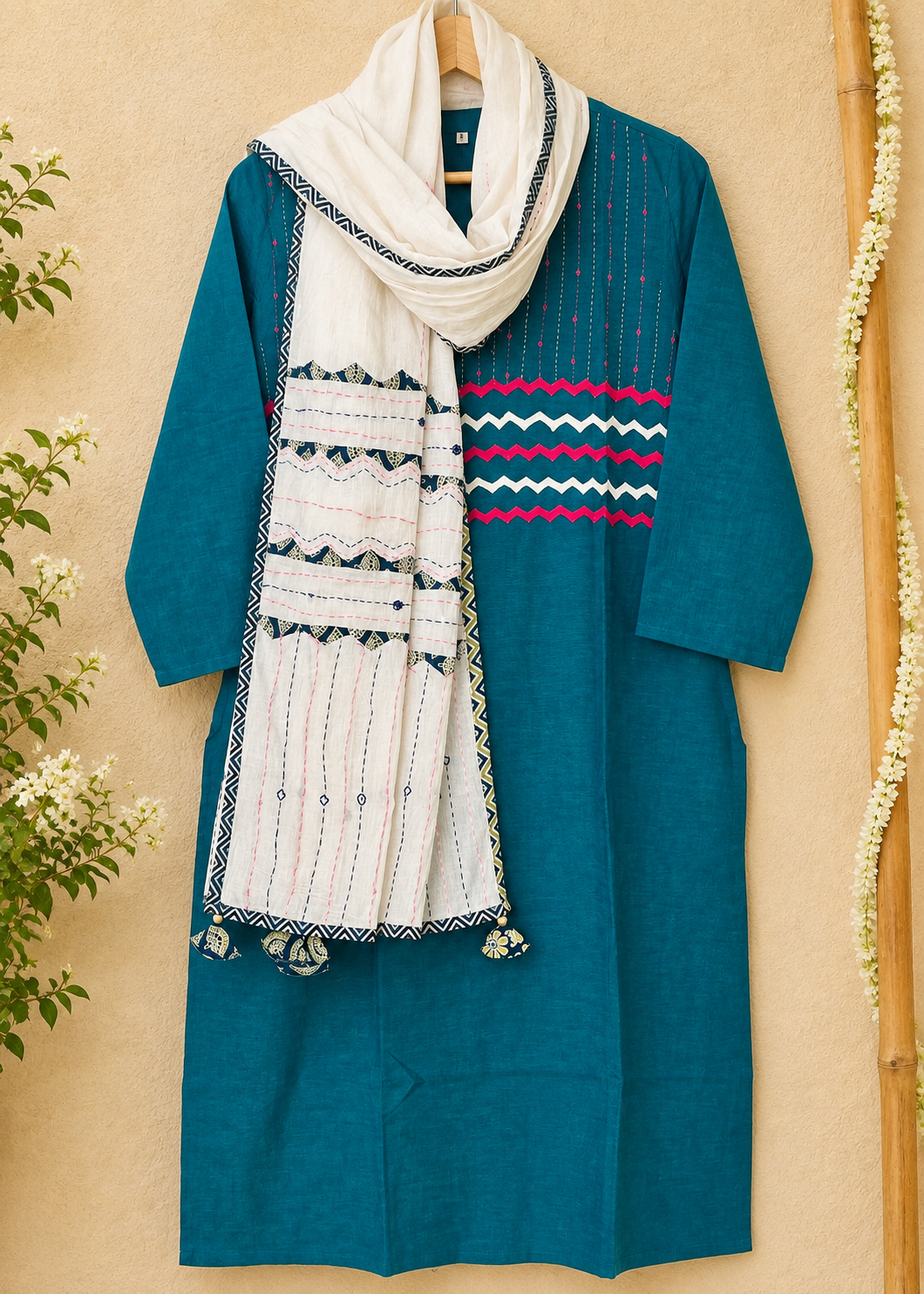 Masakali ~ Turquoise Green Cotton Kantha Kurti & Dupatta Set