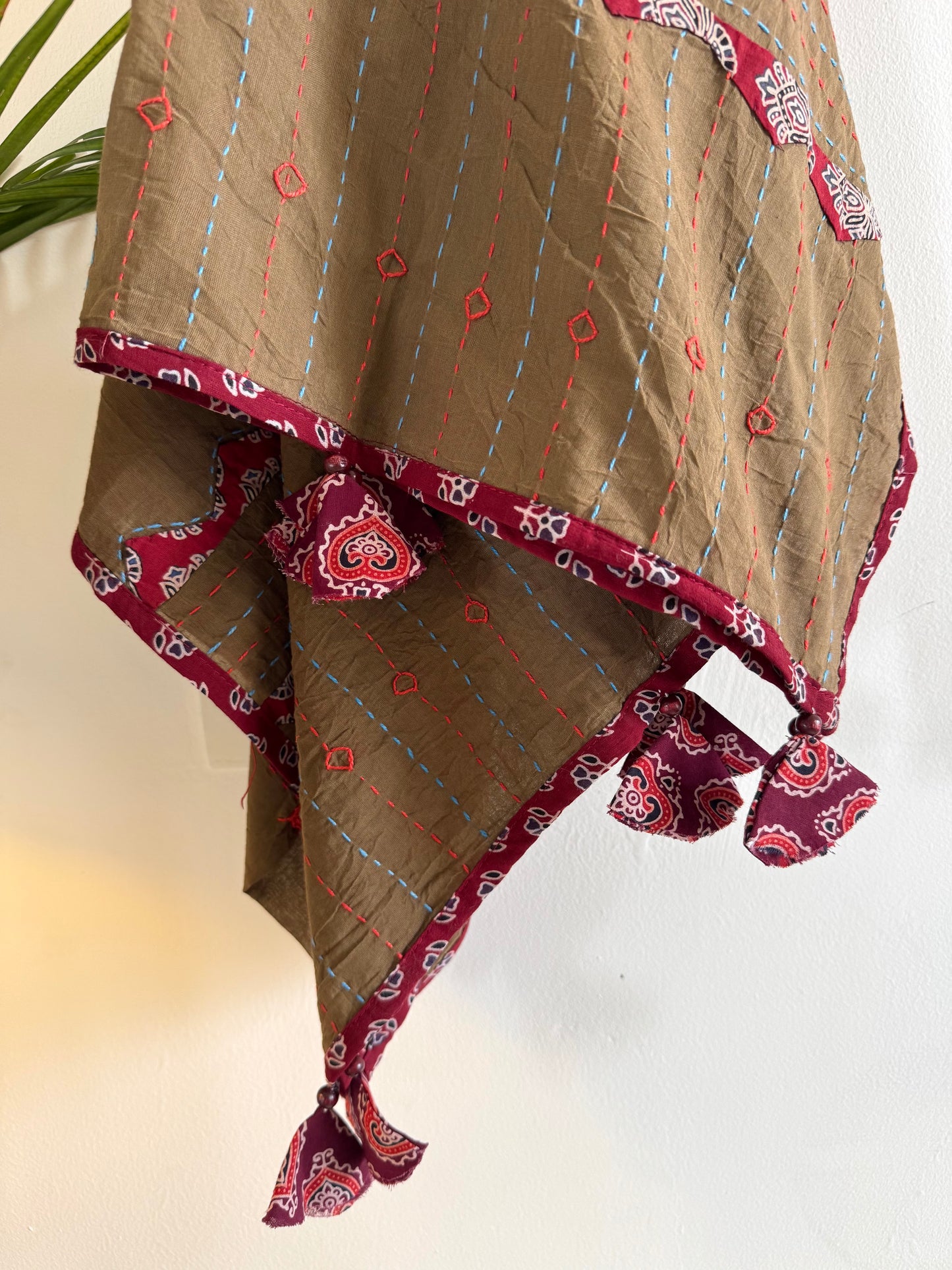 Ajrakh Applique & Kantha Embroidered Dupatta ~ Coco with Red Patchwork