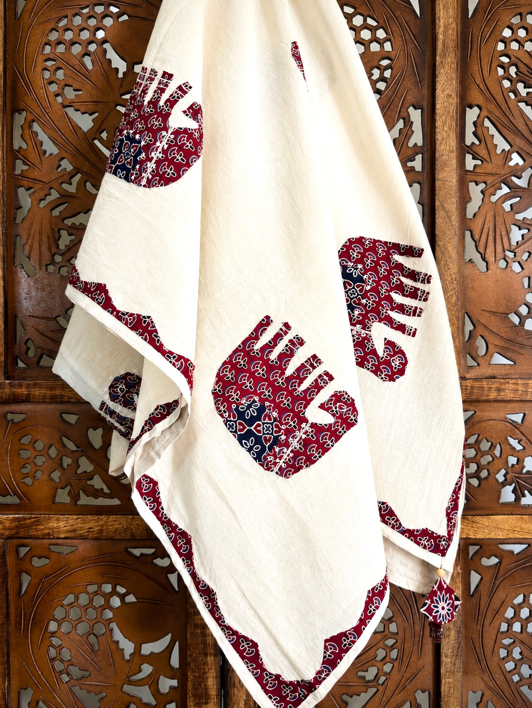 Ajrakh Applique & Kantha Embroidered ~ Red Hastika Dupatta
