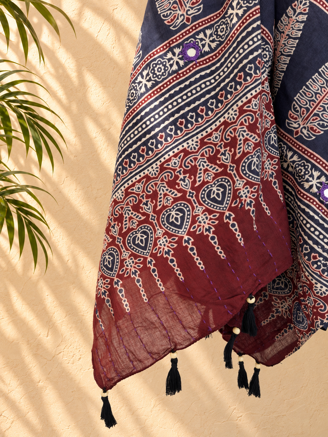 Rangrez🔅Ajrakh Mulmul Dupattas with Embroidery ~ Midnight Beauty