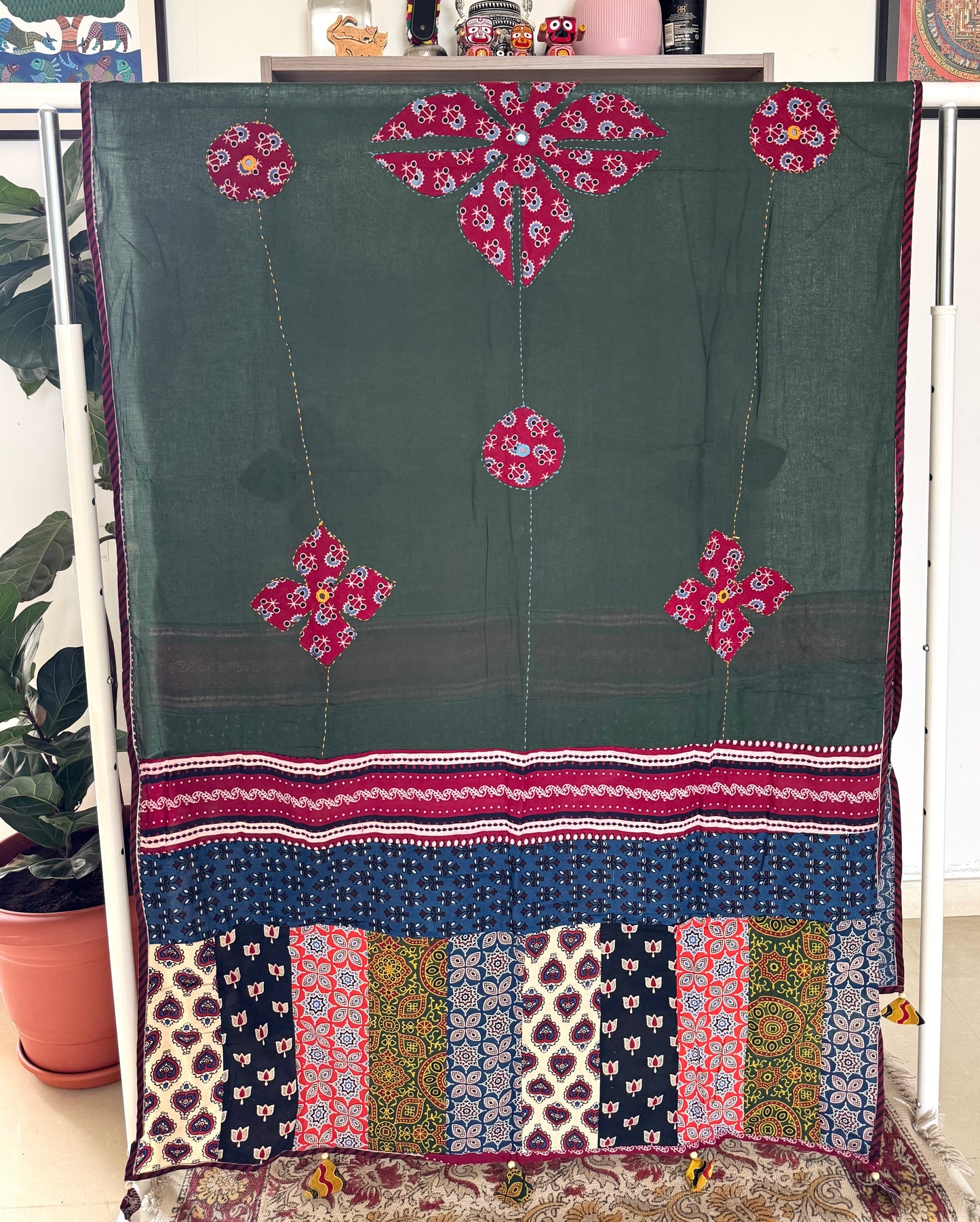 𓂃ོ⋆☀︎𓂃ᨒོ Ajrakh, Applique & Kantha Embroidered Dupatta ~ Olive Green w/ Ruby Flowers𑁍ࠬ