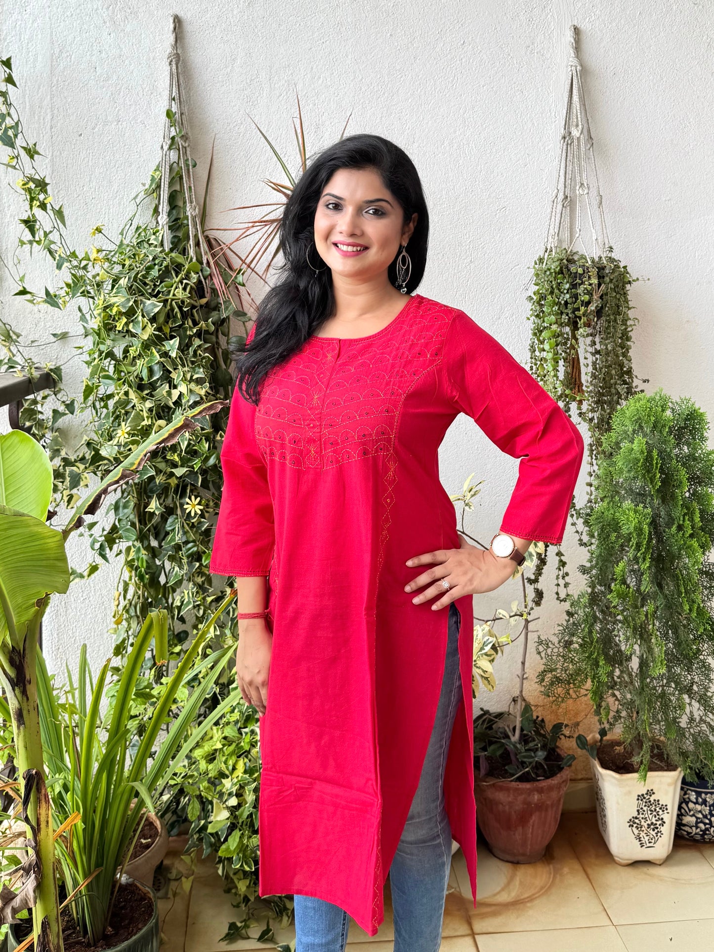 Masakali ~ Cotton Embroidered Kurti, Cherry Red 🍒