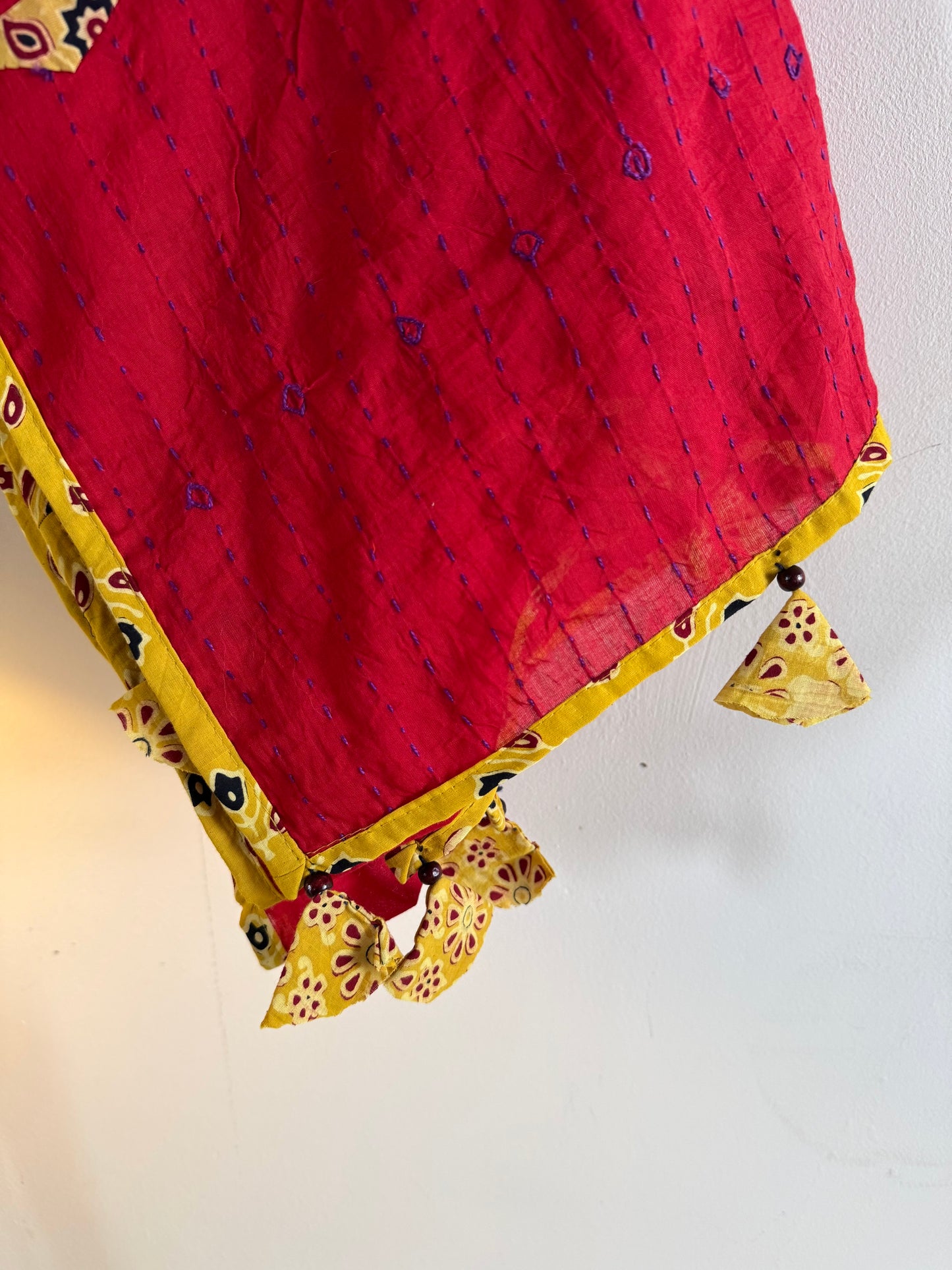 Ajrakh Applique & Kantha Embroidered Dupatta ~ Cherry Red w/ Yellow Work