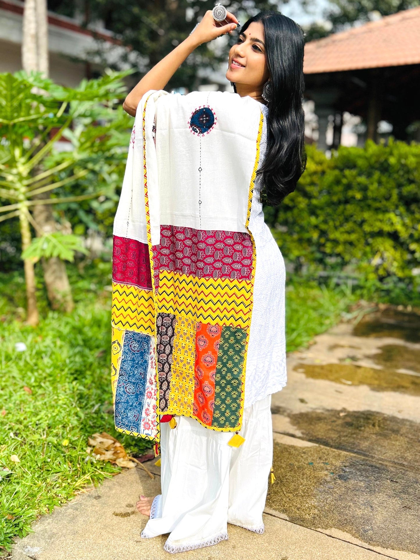 Ajrakh Applique & Kantha Embroidered Dupatta ~ White, Blue & Yellow