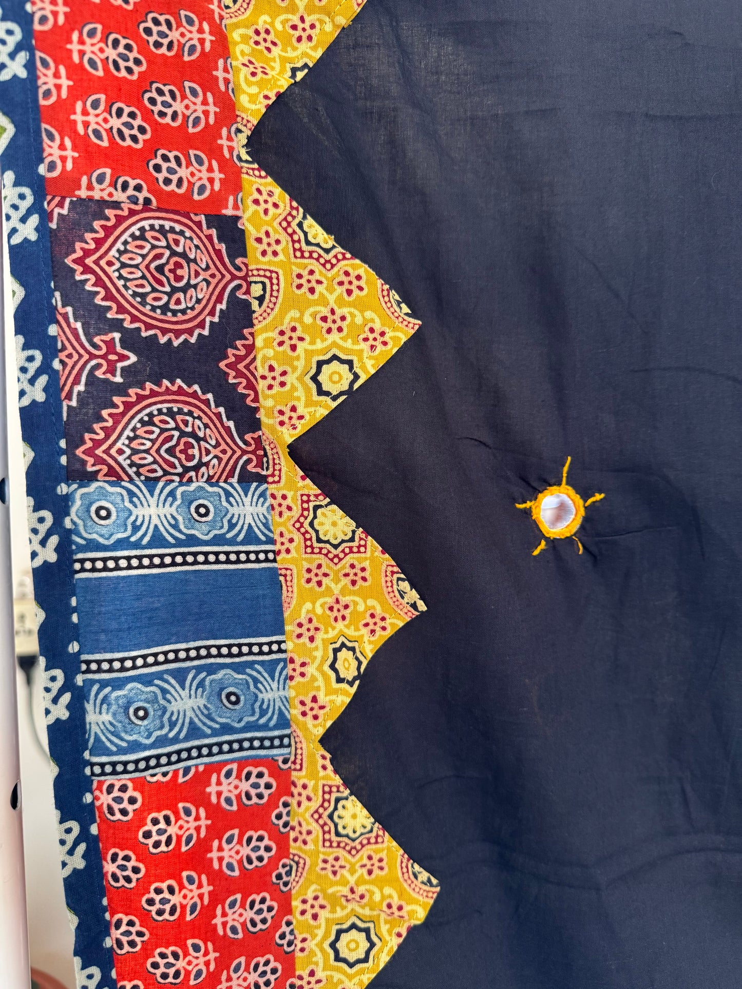 Ajrakh Applique & Kantha Embroidered Dupatta ~ Raven Black & Yellow