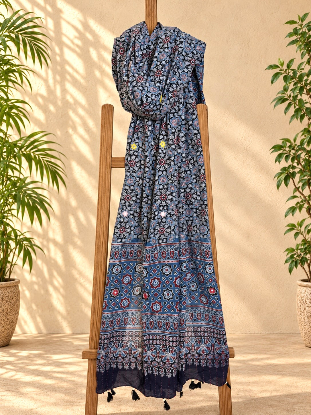 Rangrez🔅Ajrakh Mulmul Dupattas with Embroidery ~ Indigo Flowers