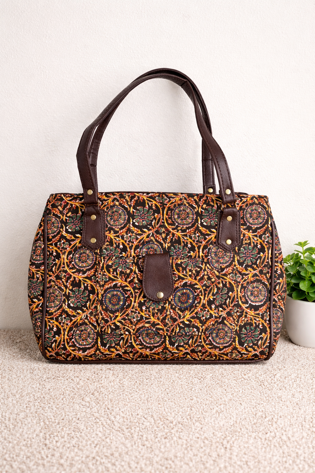 Karwaan🍂 Kalamkari ~ Handblock Handbag & Pouch Set