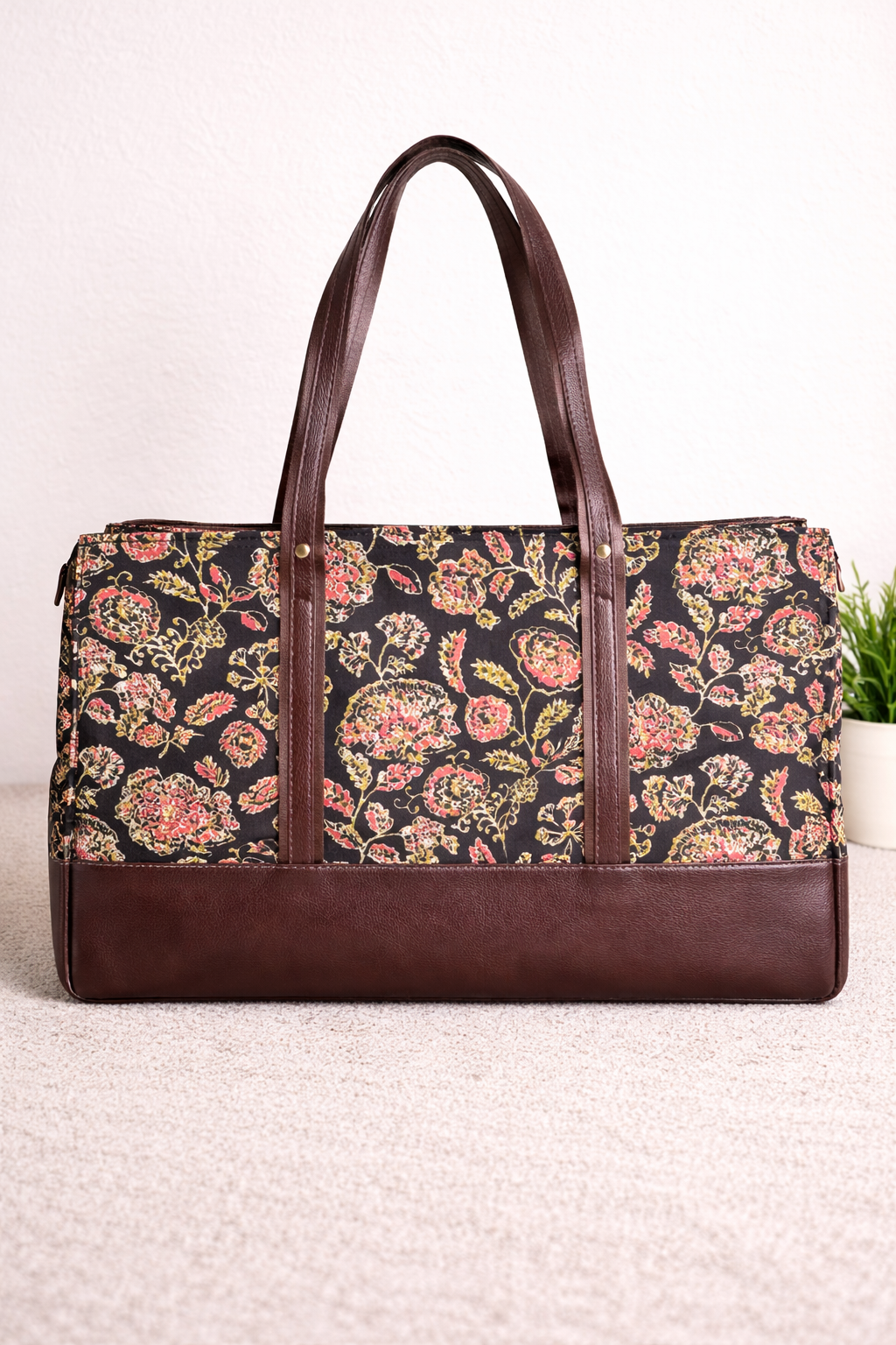 Karwaan🍂 Brown Floral Motifs ~ Sanganeri Handblock Fabric Bag