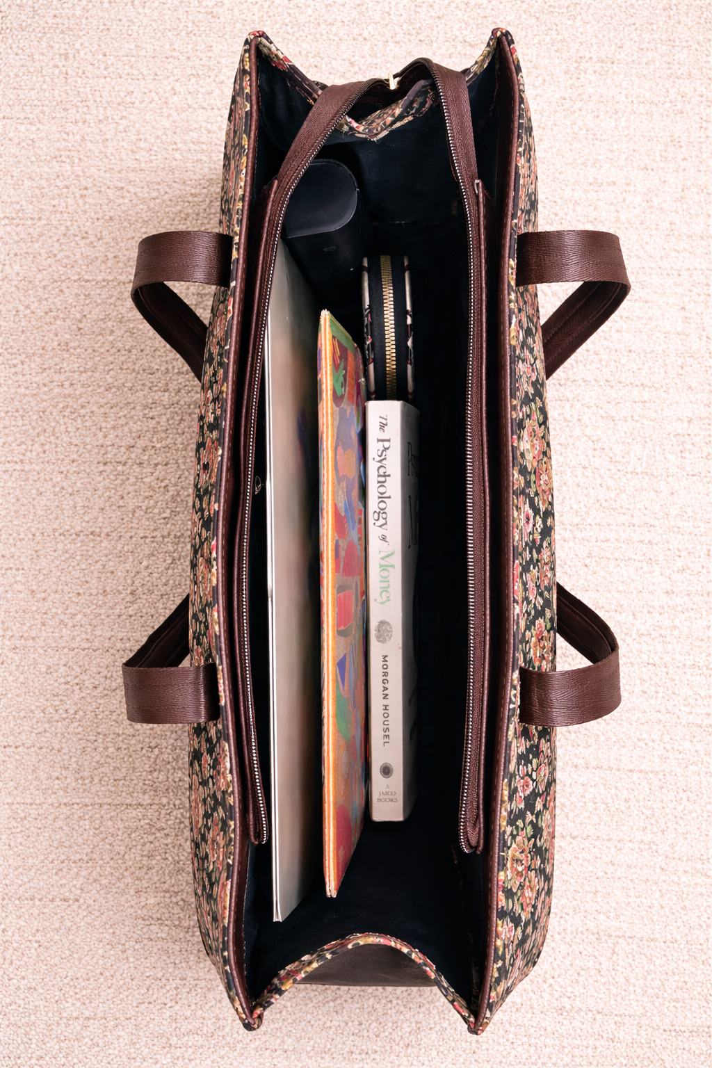 Karwaan🍂 Brown Floral Motifs ~ Sanganeri Handblock Fabric Bag