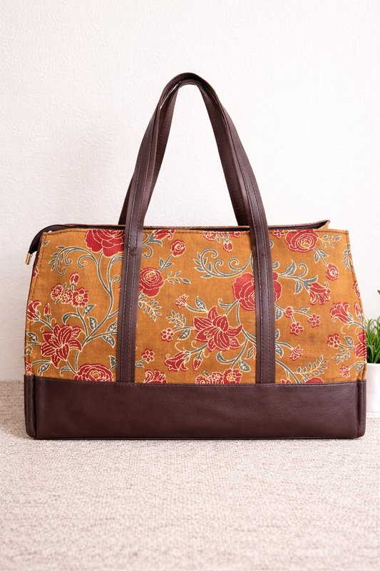Karwaan🍂 Mustard Bloom motifs ~ Sanganeri Handblock Fabric Bag