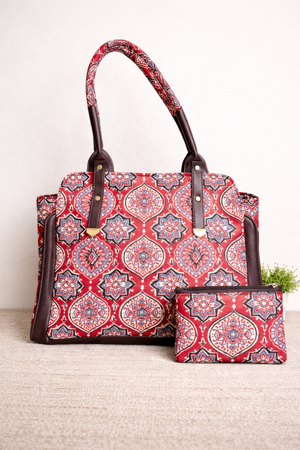 Karwaan🍂 Crimson Red motifs ~ Ajrakh Handbag & Pouch Set