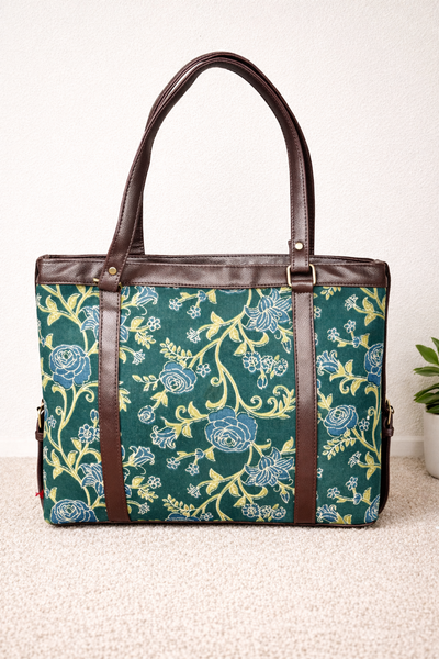 Karwaan🍂 Teal Green Vine Motifs ~ Handblock Printed Laptop Bag