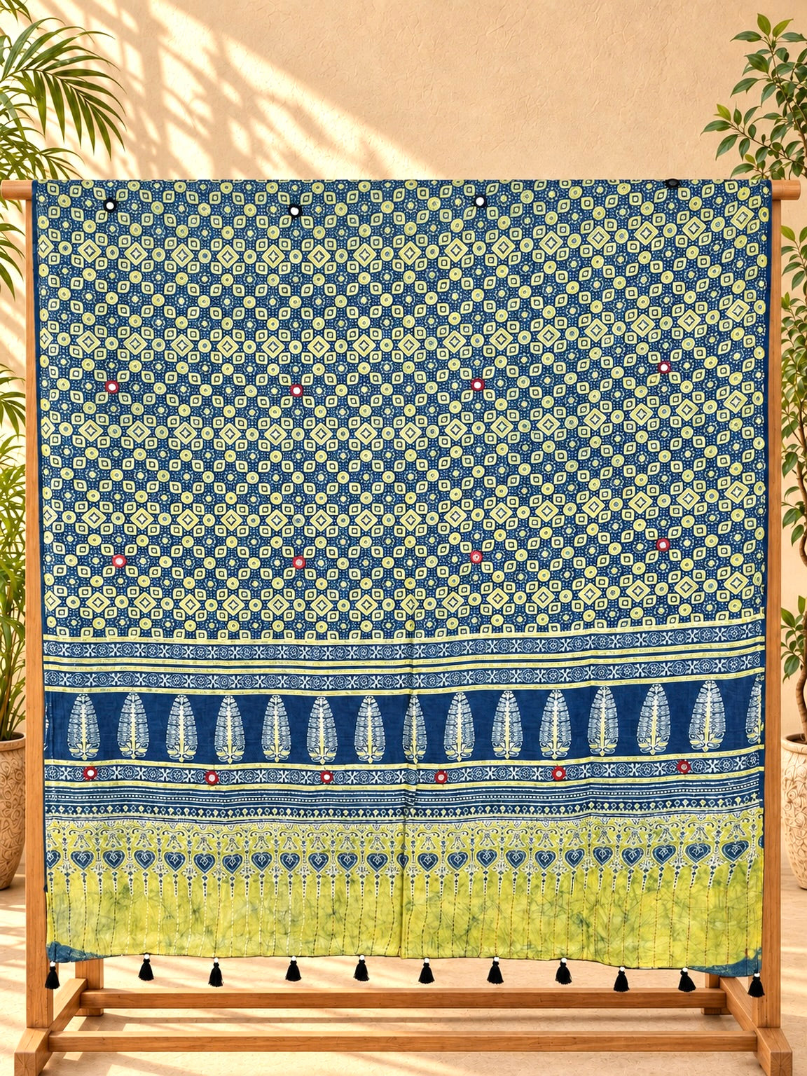 Rangrez🔅Ajrakh Mulmul Cotton Dupattas with Embroidery ~ Teal Blue w/ Grunge Texture